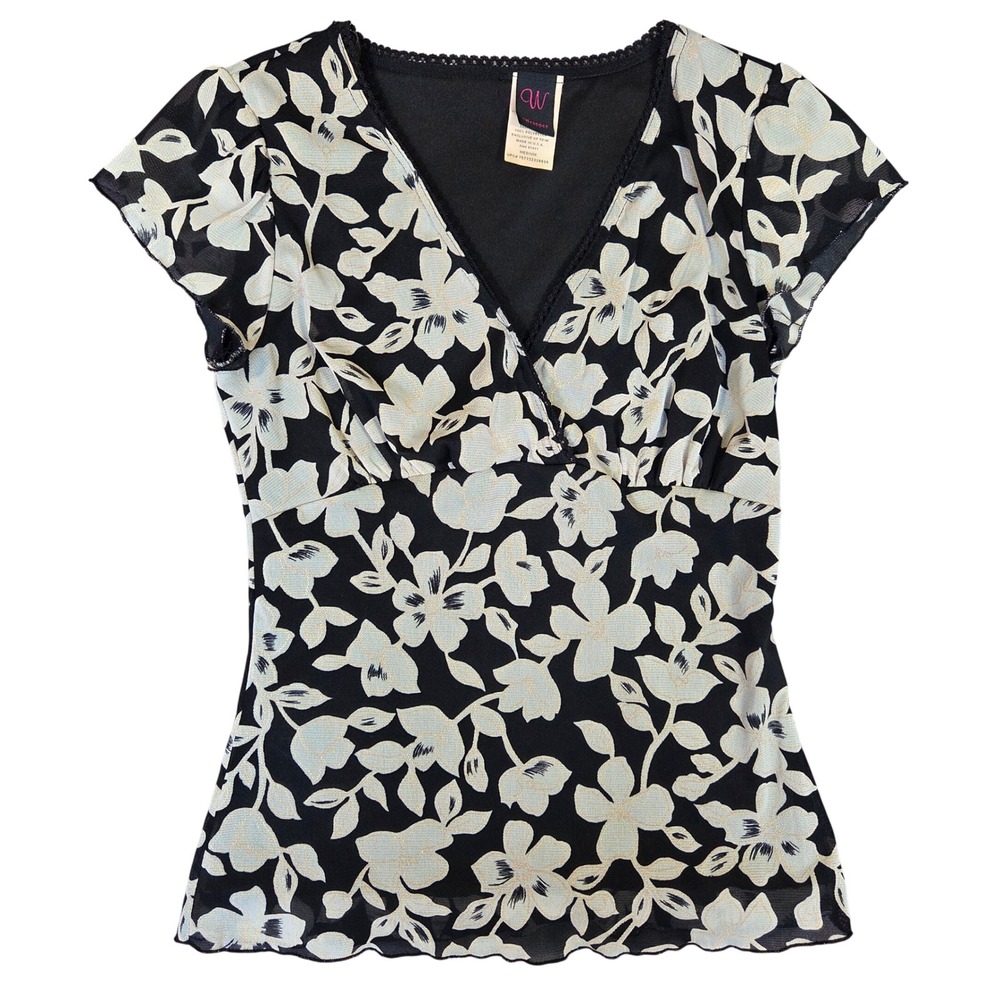 Wrapper Womens Black White Floral Mesh V-Neck Short Sleeve Top Y2k 2000s Medium